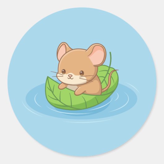 Cute Mouse in a Leaf Boat Blue Ronde Sticker (Voorkant)