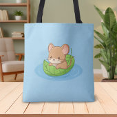 Cute Mouse in a Leaf Boat Blue Tote Bag