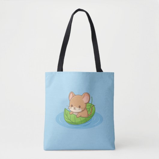 Cute Mouse in a Leaf Boat Blue Tote Bag (Voorkant)