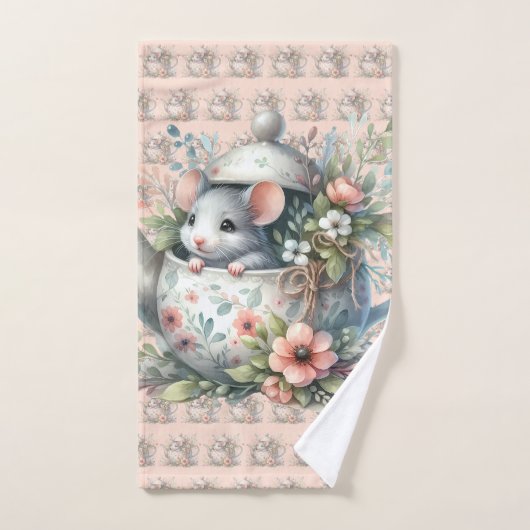 Cute Mouse in Floral Teapot Illustration Bad Handdoek (Handdoek)