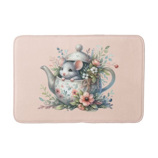 Cute Mouse in Floral Teapot Illustration Badmat (Voorkant)