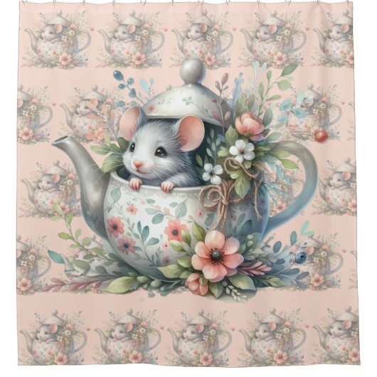 Cute Mouse in Floral Teapot Illustration Douchegordijn (Voorkant)