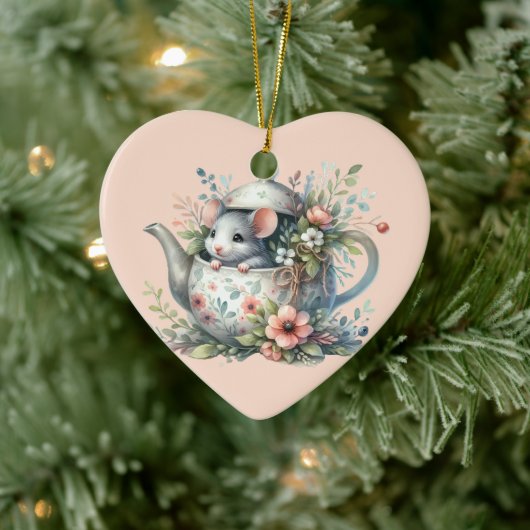 Cute Mouse in Floral Teapot Illustration Keramisch Ornament (Boom)
