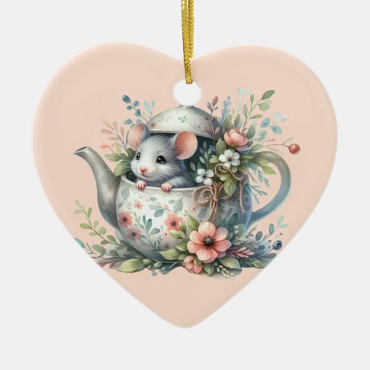 Cute Mouse in Floral Teapot Illustration Keramisch Ornament (Voorkant)