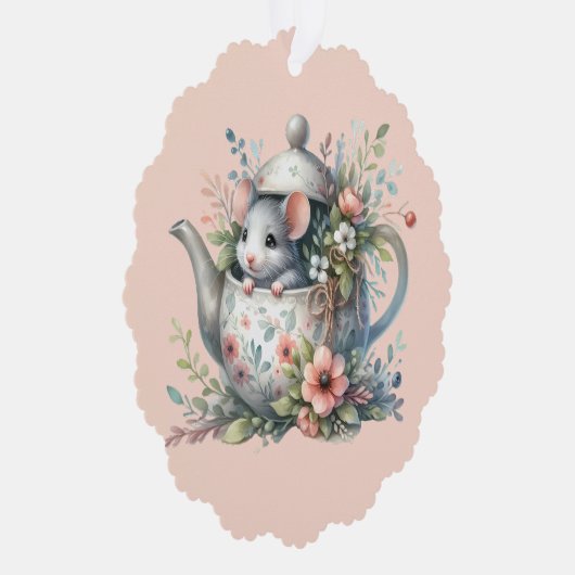 Cute Mouse in Floral Teapot Illustration Ornament Kaart (Rechts)