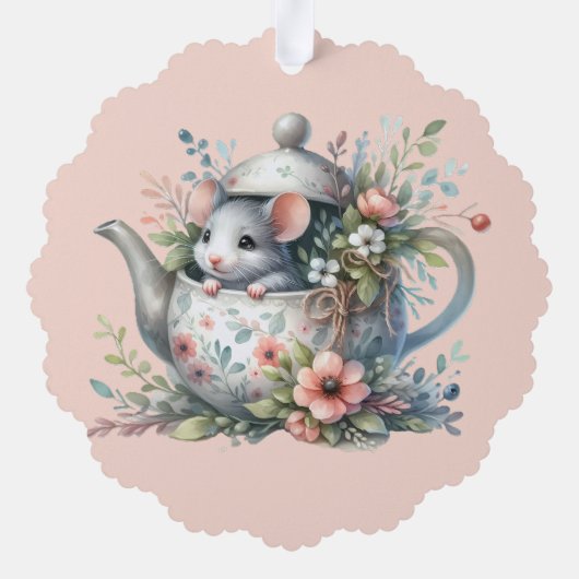 Cute Mouse in Floral Teapot Illustration Ornament Kaart (Achterkant)