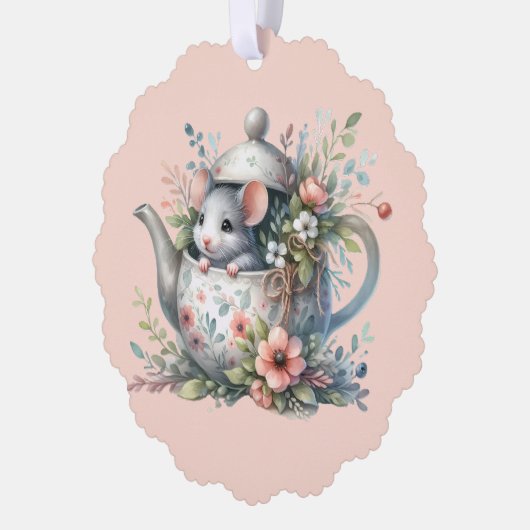 Cute Mouse in Floral Teapot Illustration Ornament Kaart (Links)