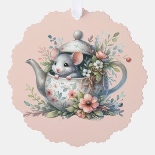 Cute Mouse in Floral Teapot Illustration Ornament Kaart (Voorkant)