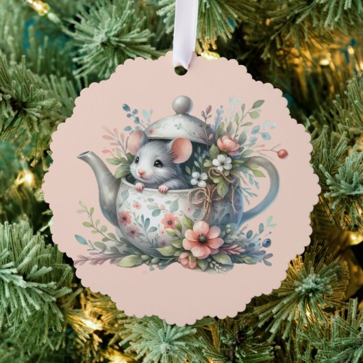 Cute Mouse in Floral Teapot Illustration Ornament Kaart (Insitu (Drie))
