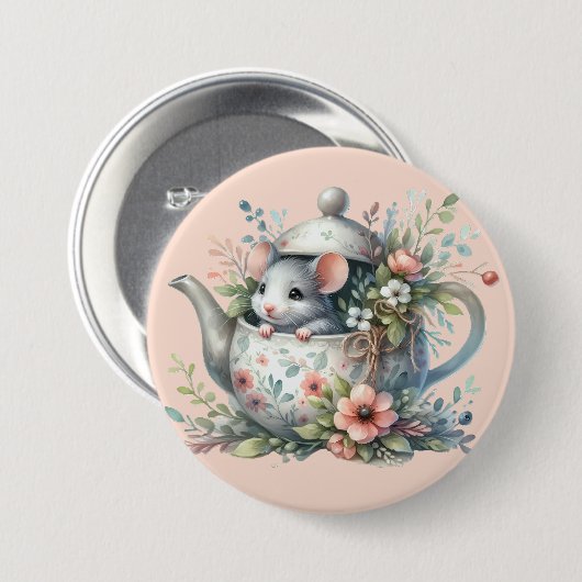 Cute Mouse in Floral Teapot Illustration Ronde Button 7,6 Cm (Voorkant /achterkant)