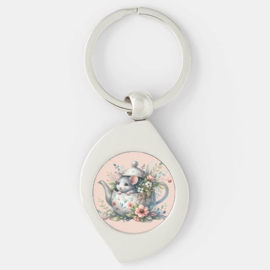 Cute Mouse in Floral Teapot Illustration Sleutelhanger (Voorkant)