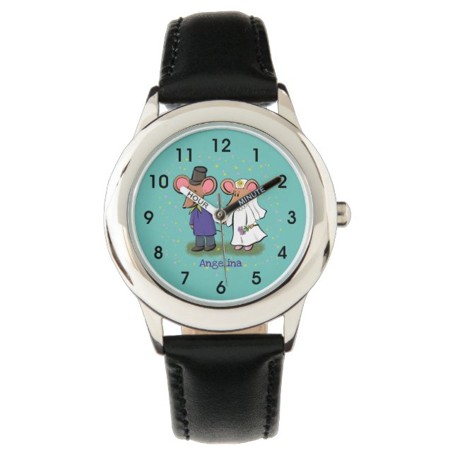 Cute mouse-paar cartoon illustratie horloge (Voorkant)