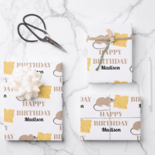 Cute Mouse Rodent Eating Cheese Birthday Inpakpapier Vel