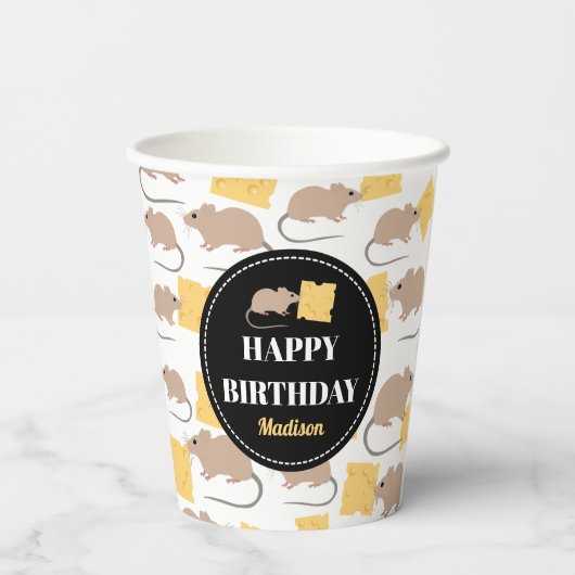 Cute Mouse Rodent Eating Cheese Birthday Papieren Bekers (Achterkant)