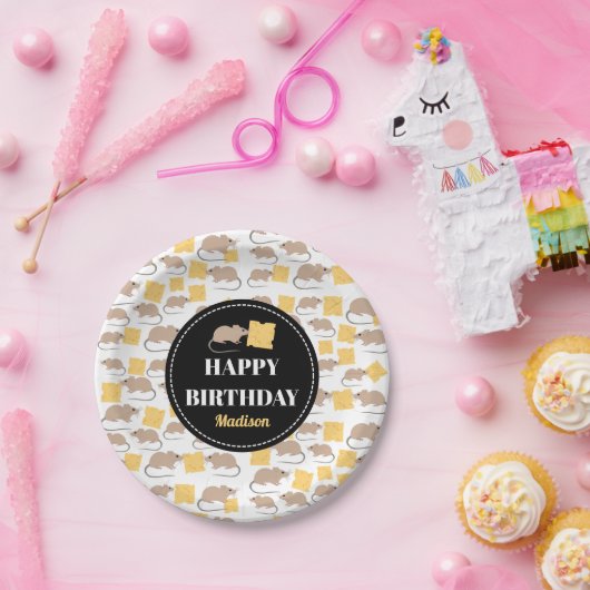 Cute Mouse Rodent Eating Cheese Birthday Papieren Bordje (Feest)