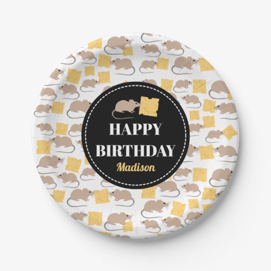 Cute Mouse Rodent Eating Cheese Birthday Papieren Bordje (Voorkant)