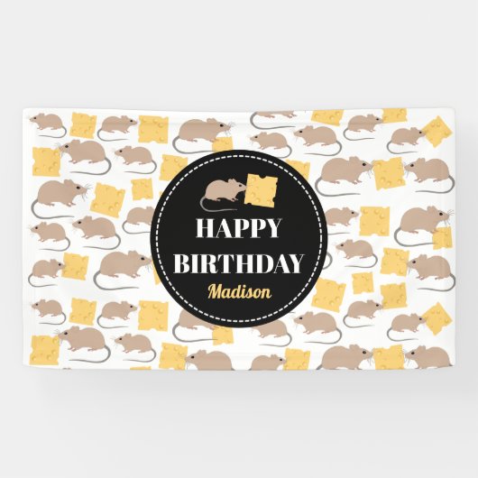 Cute Mouse Rodent Eating Cheese Birthday Spandoek (Horizontaal)
