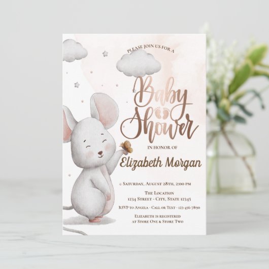 Cute Mouse Roos Gold Glitter Drift Baby shower I Kaart (Staand voorkant)