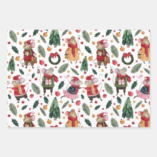 Cute Mouse Thed Kerstmis Pattern Inpakpapier Vel (Voorkant)