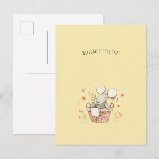 Cute Mouse With Flowers Welcome New Baby Card Briefkaart (Voorkant / Achterkant)