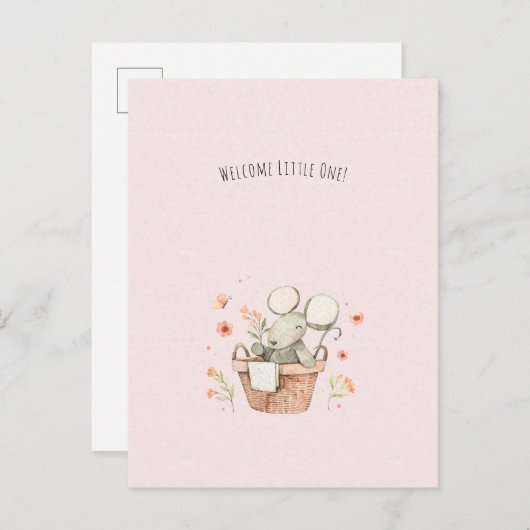Cute Mouse With Flowers Welcome New Baby Card Briefkaart (Voorkant / Achterkant)