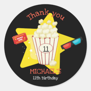Cute Movie Night Birthday Party Popcorn 3d glazen Ronde Sticker
