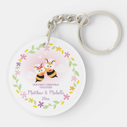 Cute Mr en Mrs Honey Bee First Kerstkeepslag Sleutelhanger (Achterkant)