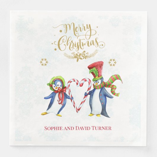 Cute Mr en Mrs Penguins Merry-kerstscript Servet (Voorkant)