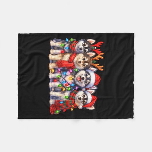 Cute Msky Christmas Dogs With Lights Long Sleeve  Fleece Deken (Voorkant (Horizontaal))