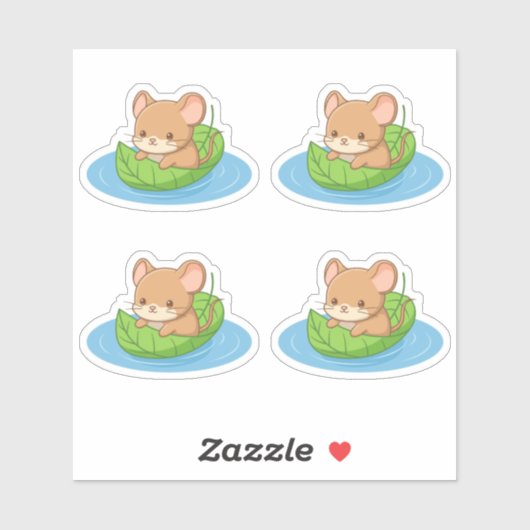 Cute muis in een blad boot Set van 4 Sticker (Vel)