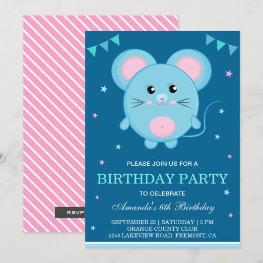 Cute Muis Kinderen Verjaardagsfeest Uitnodiging (Voorkant / Achterkant)