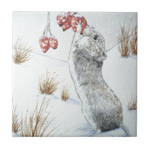 Cute muis red berries snow scène wildlife design tegeltje