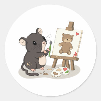 Cute Muis Schildert een Teddbeer Kunstenaar Sticke Ronde Sticker