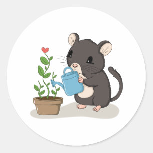 Cute Muis Water geven aan een Bloem Tuinieren Stic Ronde Sticker