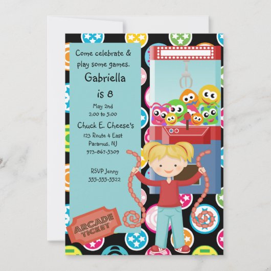 Cute, Multi Color, Arcade Birthday Girl Invitation Kaart (Voorkant)