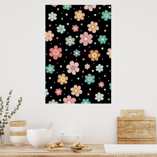 Cute Multicolor Flower Pattern on Black Poster (Keuken)