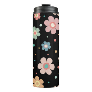 Cute Multicolor Flower Pattern on Black Thermosbeker