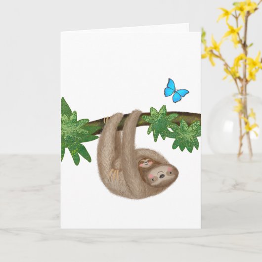 Cute mum & baby sloth blanco kaart (Gele Bloem)