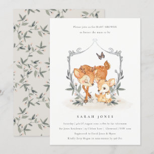 Cute Mum Deer Fawn Floral Crest Baby shower nodigt Bedankkaart