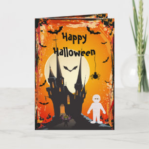 Cute Mummy, Bats & Castle Halloween Card Kaart