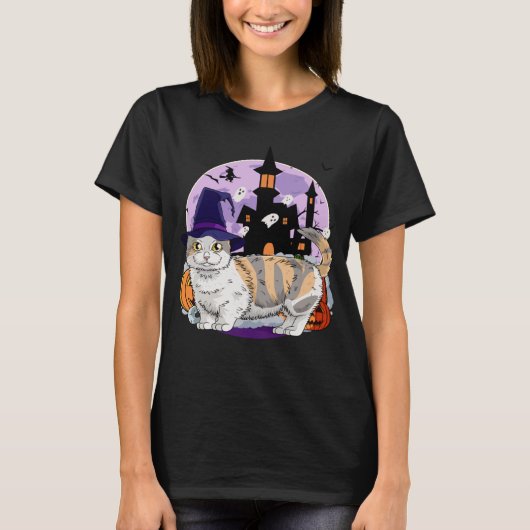 Cute Munchkin Cat Halloween Witch Pumpkin T-shirt (Voorkant)