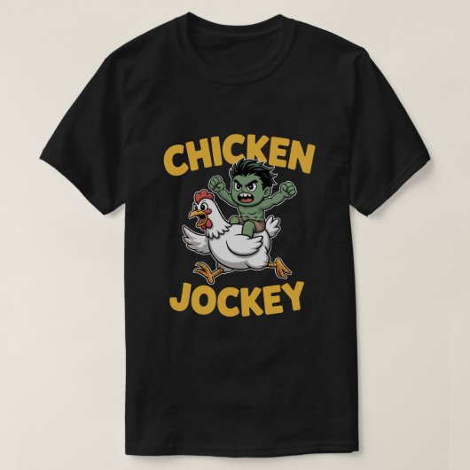Cute Muscular Green Kid Riding Chicken – Chicken J T-shirt (Design voorkant)