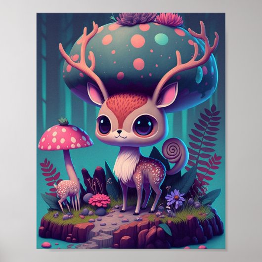 Cute Mushroom Deer Fantasy Art Poster (Voorkant)