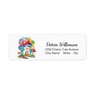 Cute Mushroom House Whimsical Waterverf Custom Etiket