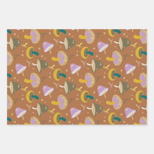Cute Mushroom Pattern Autumn Gold Glitter Inpakpapier Vel (Voorkant)