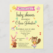 Cute Musical Animals Roze Babyshower Uitnodiging (Voorkant)