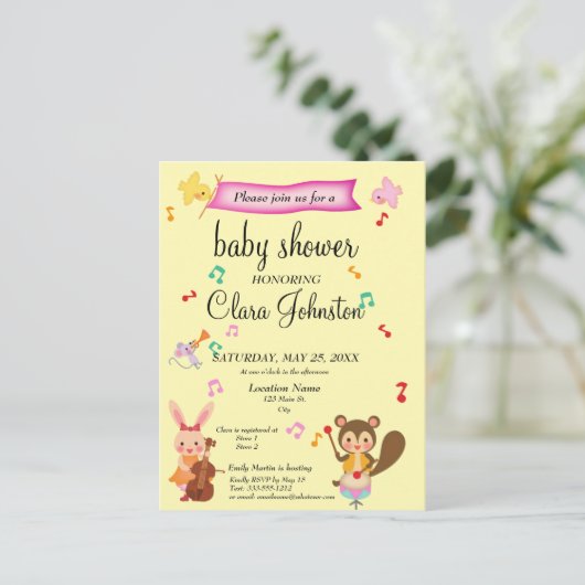 Cute Musical Animals Roze Babyshower Uitnodiging (Staand voorkant)