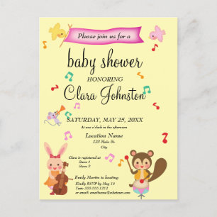 Cute Musical Animals Roze Babyshower Uitnodiging Briefkaart