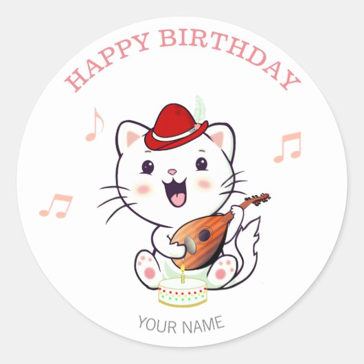 Cute Musical Cat met Mandolin Birthday Ronde Sticker (Voorkant)