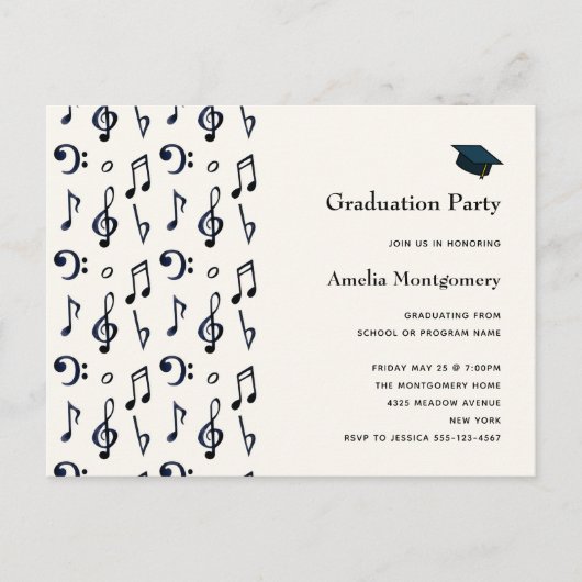 Cute Musical Notes Pattern Afstuderen Invitation Uitnodiging Briefkaart (Voorkant)